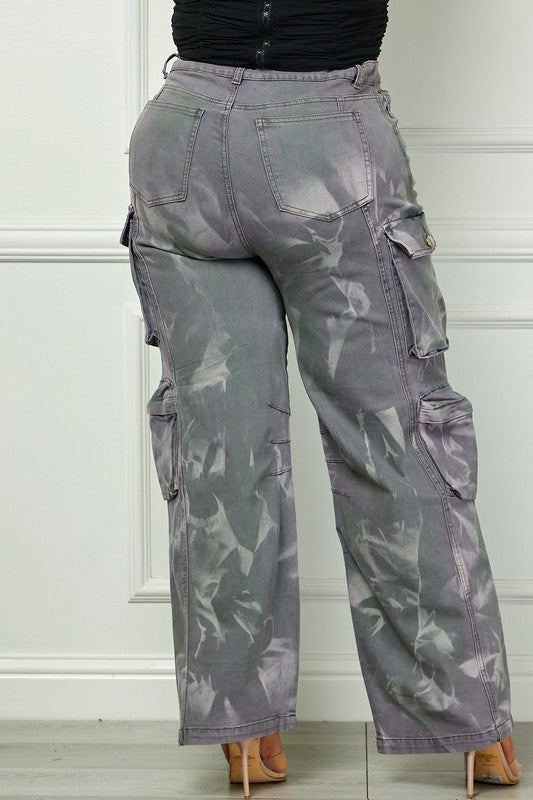 Time to Shine Grey Acid Wash High Waisted Cargo Plus Size Pants