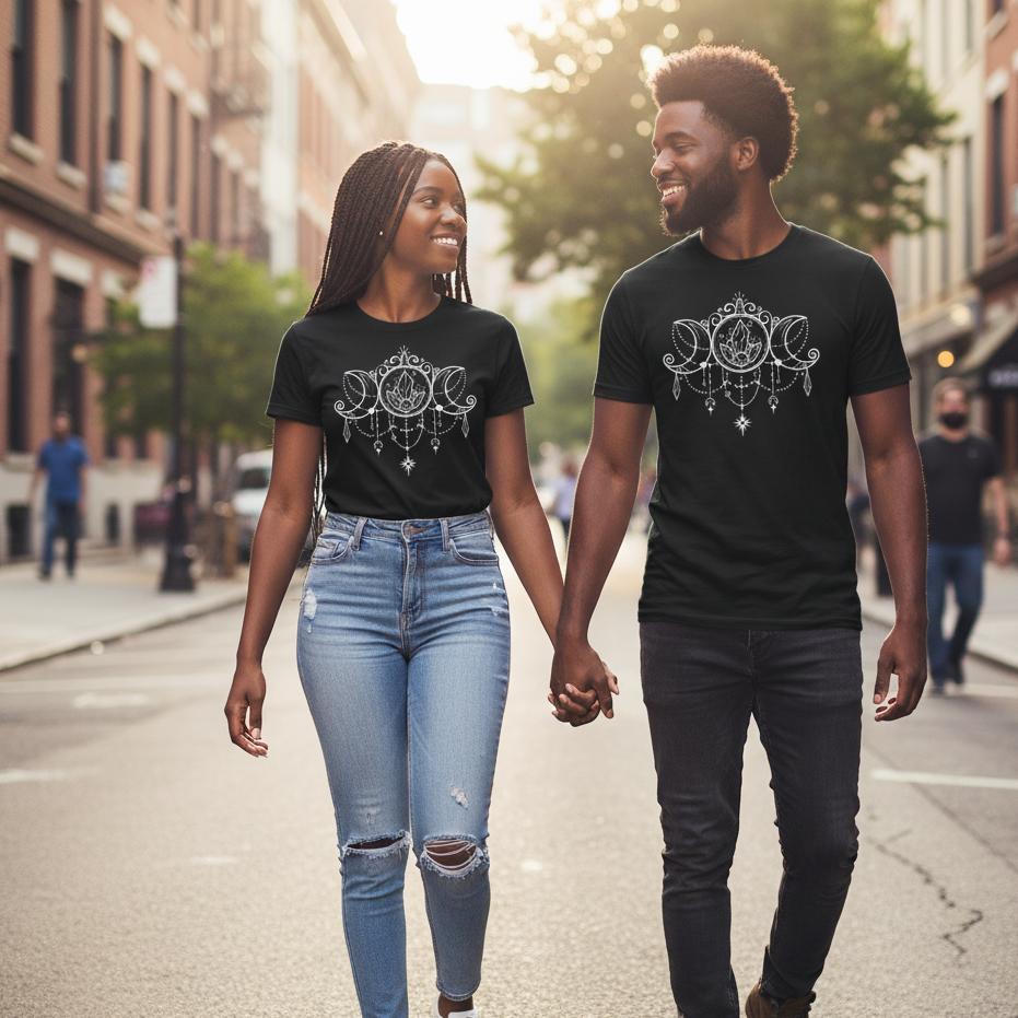 Triple Moon Goddess Black Unisex T-shirt Shirt - Infused with Moonstone Crystals