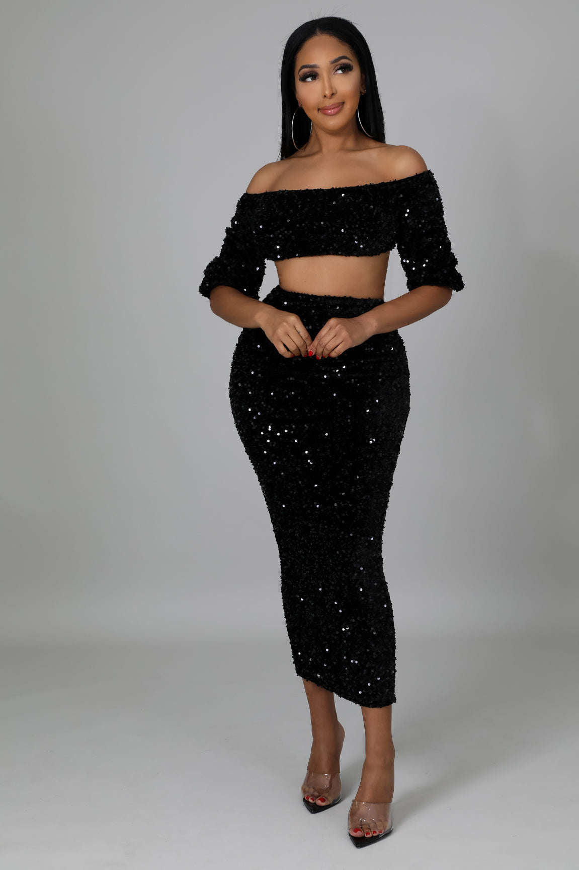 Sequin Matching Crop Top Midi High Waisted Skirt Set - Black