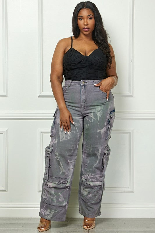 Time to Shine Grey Acid Wash High Waisted Cargo Plus Size Pants