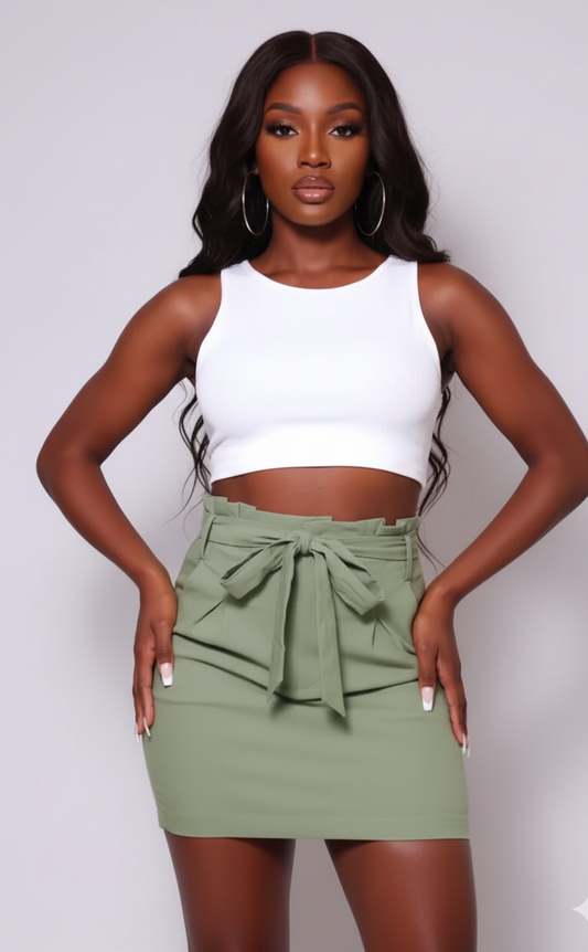 High Waisted Pleated & Belted Mini Skirt