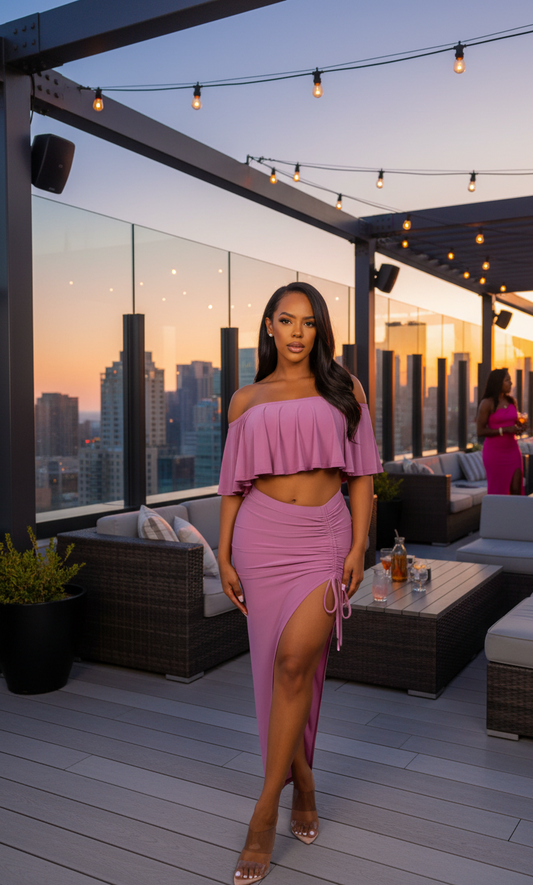 Off The Shoulder Ruffled Cropped Top And Ruched Maxi Skirt Two Piece Set