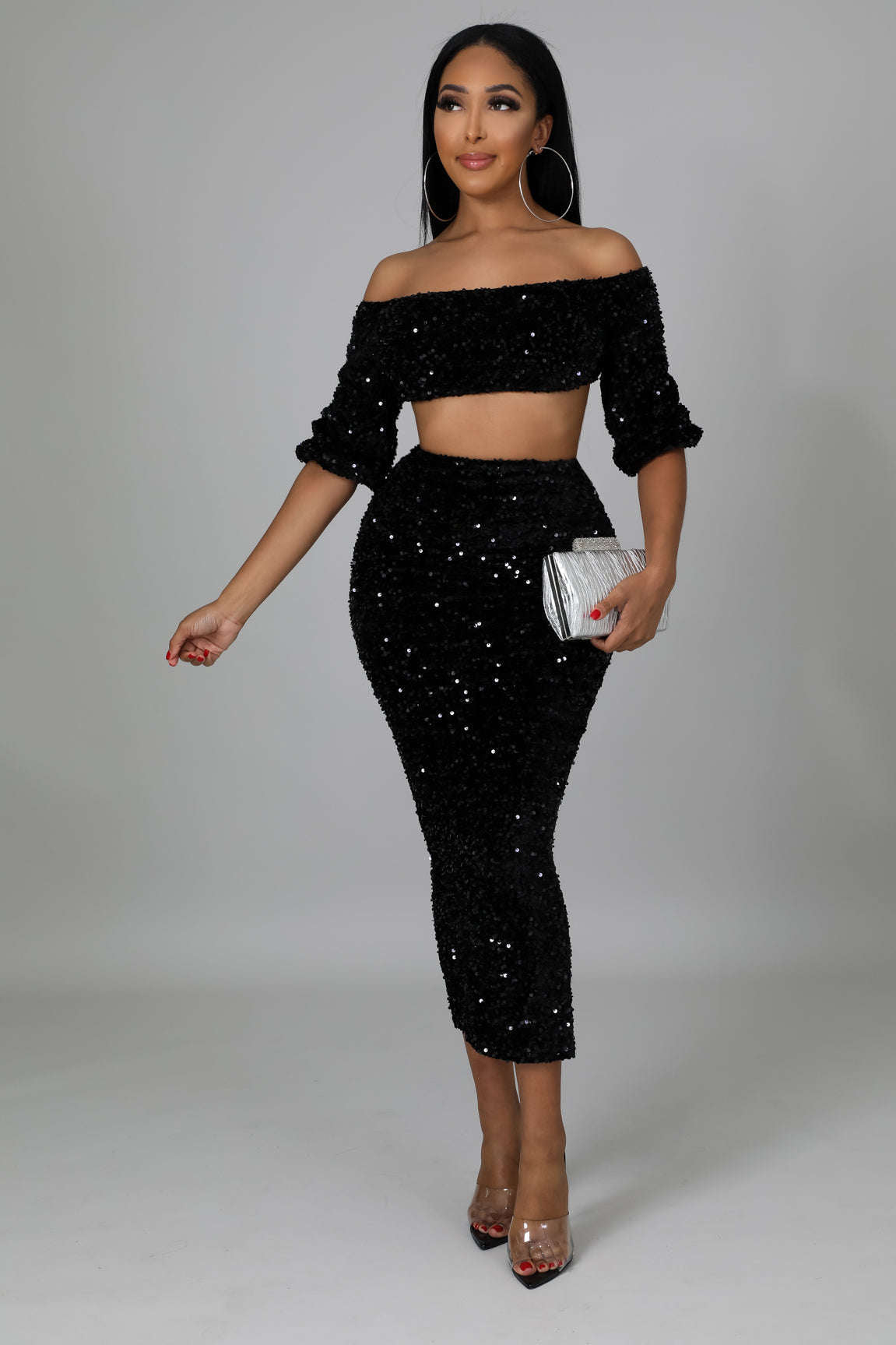 Sequin Matching Crop Top Midi High Waisted Skirt Set - Black