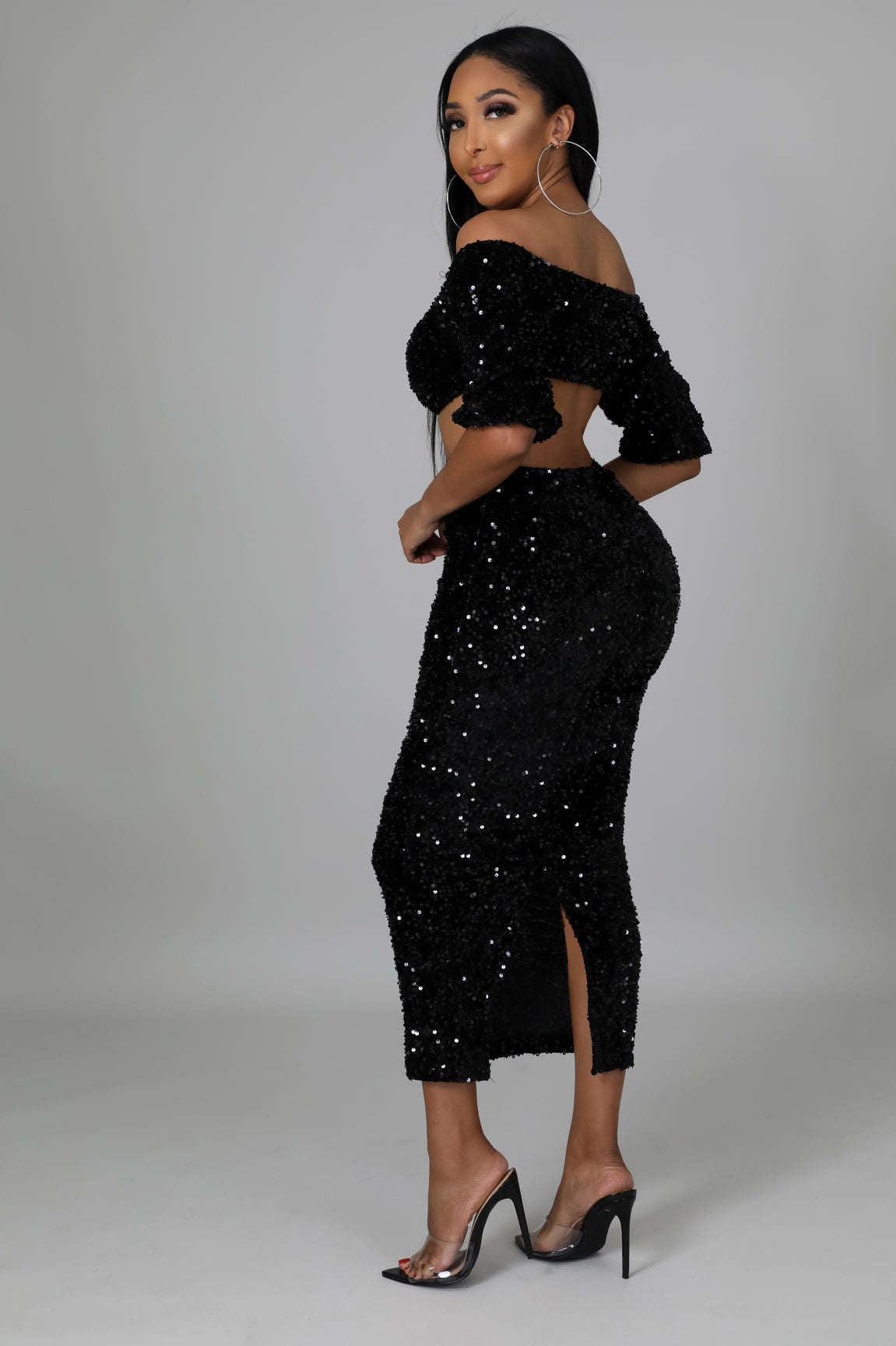 Sequin Matching Crop Top Midi High Waisted Skirt Set - Black