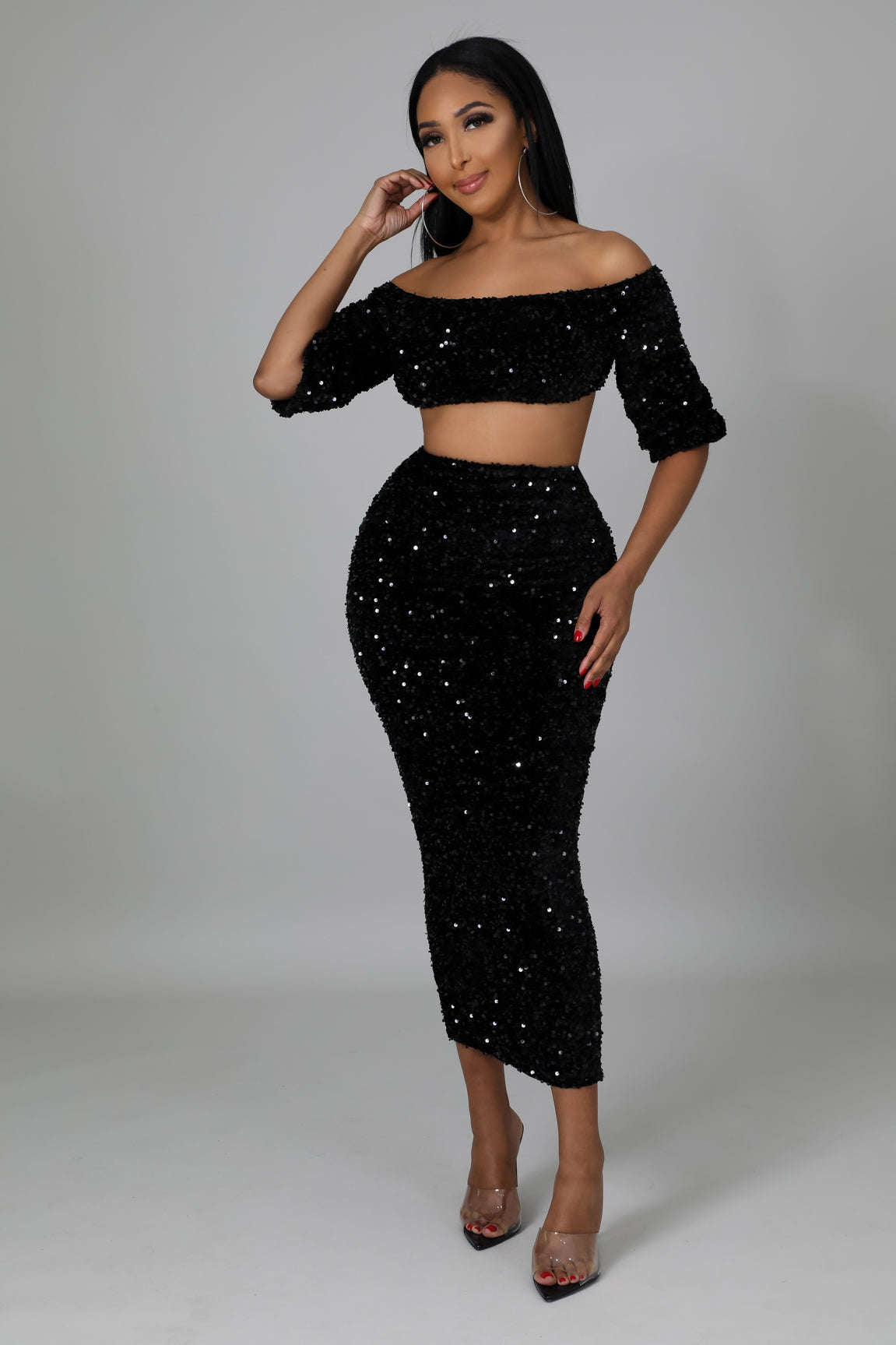 Sequin Matching Crop Top Midi High Waisted Skirt Set - Black