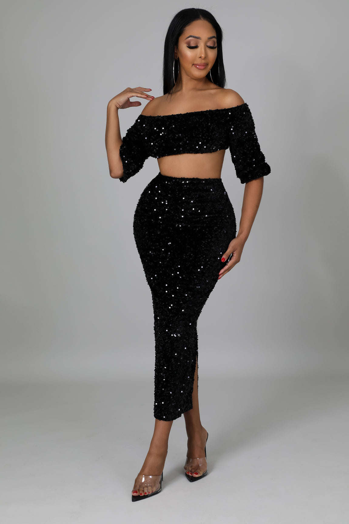 Sequin Matching Crop Top Midi High Waisted Skirt Set - Black