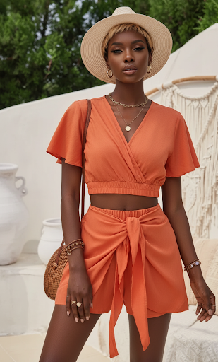 Two Pieces V Neck Ruffle Crop Shirt And Wrap Sets